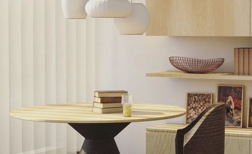 Round Beige and Brown Wooden Table and Chair