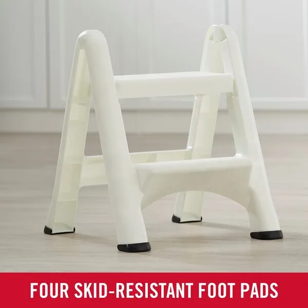 Rubbermaid Two-Step Folding Foot Stool, 14-Inch High, White, 300 Pound Capacity, Small Step Stool for Adults/Kids for Use in Library/Kitchen/Bathroom/Garage/Closet