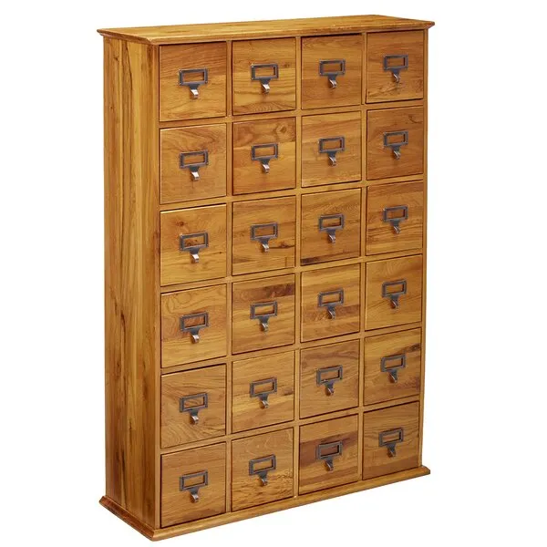 Leslie Dame Solid Oak Library Card File Media Cabinet, 24 Drawers, Oak
