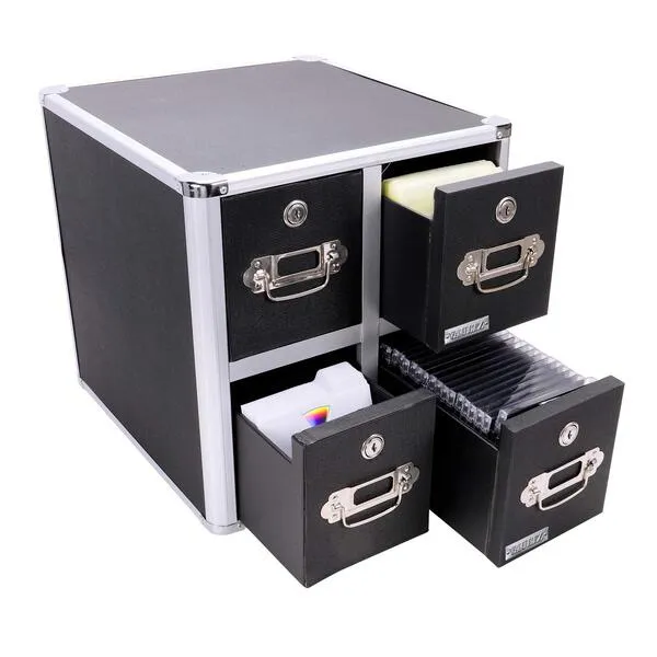 Vaultz CD Case Holder - File Cabinet CD Rack w/ 4 Drawers and Key Locks, 14 x 14.5 x 15.5 Inch DVD Organizer and CD Storage Box - Black
