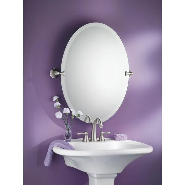 Moen Glenshire Brushed Nickel 26-Inch x 22-Inch Frameless Pivoting Bathroom Mirror, Oval Tilting Wall Mirror, DN2692BN