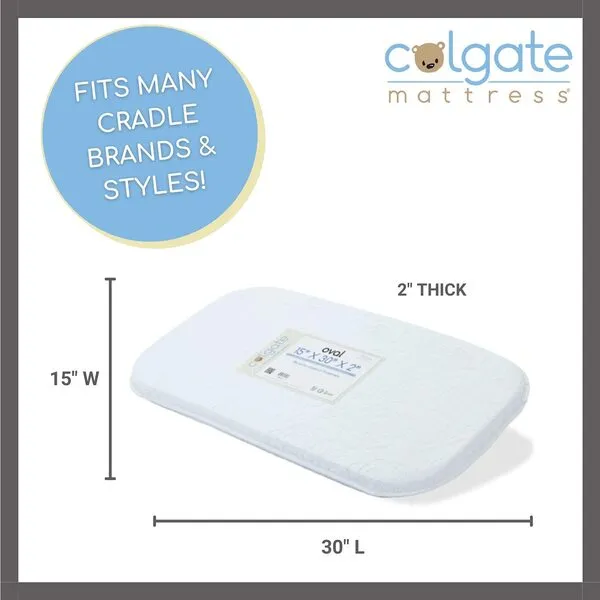 Colgate Mattress Cradle & Bassinet Mattress - GREENGUARD Gold Certified, Reversible Bassinet Pad with 2” Thickness, Wrapped in Waterproof Quilted Cover - 15” X 30” X 2”
