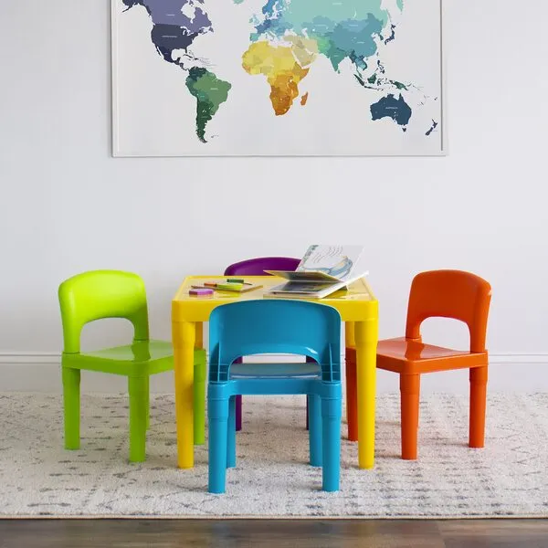 Humble Crew Kids Plastic 1 square table and 4 chairs, Yellow Table/Vibrant Chairs
