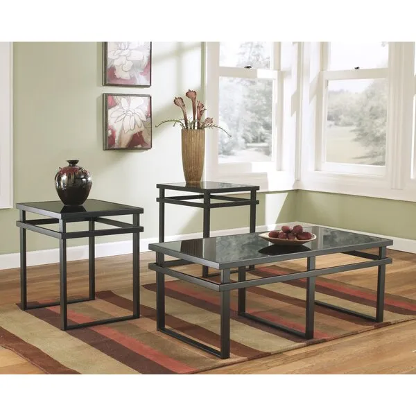 Signature Design by Ashley Laney Contemporary 3-Piece Table Set, Includes Coffee Table and 2 End Tables, Black Glass
