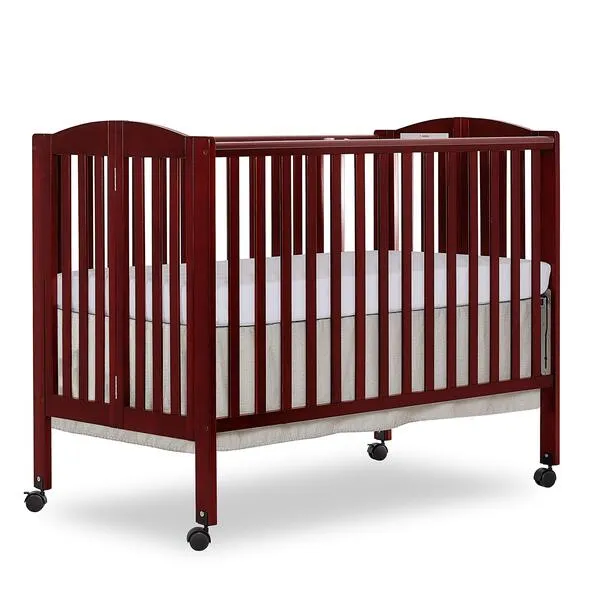 Dream On Me Full Size 2-in-1 Folding Stationary Side Crib in Cherry, Locking Wheels, Folds Flat for Storage, Comes with Teething Guard, Non-Toxic Finish