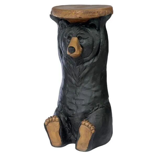 Design Toscano Forest Pedestal Table Rustic Cabin Decor, 24 Inches High, Handcast Polyresin, Black Bear Finish