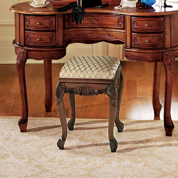 Design Toscano Madame Bouvier Makeup Chair Vanity Stool Bedroom Bench, Walnut