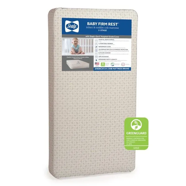 Sealy Baby Firm Rest Antibacterial 2-Stage Dual Firmness Waterproof Baby Crib Mattress & Toddler Bed Mattress, 204 Premium Coils, Medical-Grade Surface, Hypoallergenic, Made in USA, 52