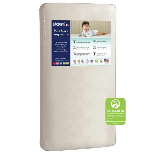 Kolcraft Pure Sleep Therapeutic 150 Certified Waterproof Baby Crib Mattress & Toddler Bed Mattress, Extra Firm Coils Hypoallergenic Comfort, GREENGUARD GOLD Air Quality Certified, Made in USA, 52