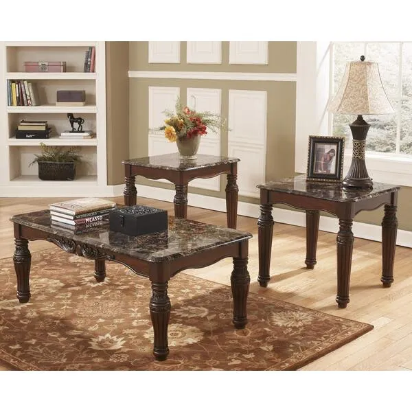 Signature Design by Ashley North Shore Traditional Faux Marble 3-Piece Table Set, Includes Coffee Table and 2 End Tables, Dark Brown