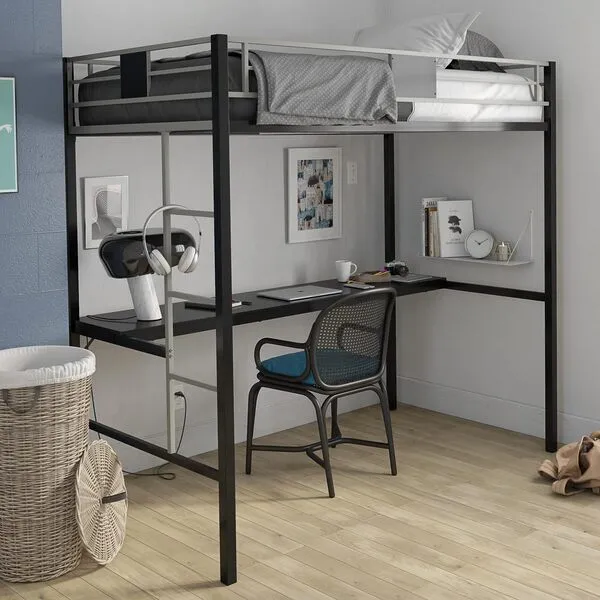 DHP Screen Loft Metal Bunk Bed with Desk and Ladder, Space-Saving Design, Silver Twin