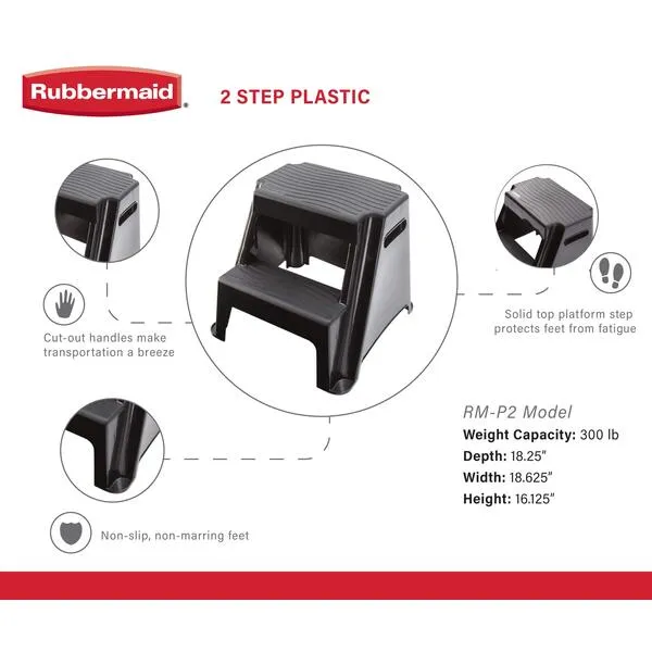 Rubbermaid RM-P2 2-Step Molded Plastic Step Stool with Non-Slip Step Treads, 300 lbs. Load Capacity, Lightweight, Black (Amazon Exclusive)