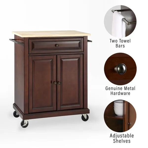 Crosley Furniture Compact Kitchen Island with Natural Wood Top, Mahogany