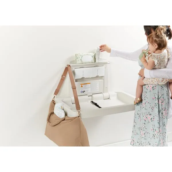 Rubbermaid Commercial Products Horizontal Baby Changing Station, Light Platinum, Wall-Mounted Fold-Down Diaper Change Table with Safety Straps for Restaurants/Hotels/Schools/Airports