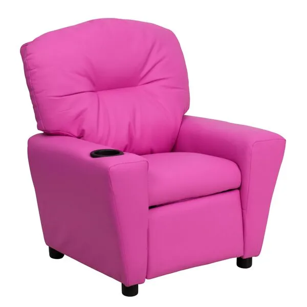 Flash Furniture Chandler Vinyl Kids Recliner with Cup Holder and Safety Recline, Contemporary Reclining Chair for Kids, Supports up to 90 lbs., Hot Pink