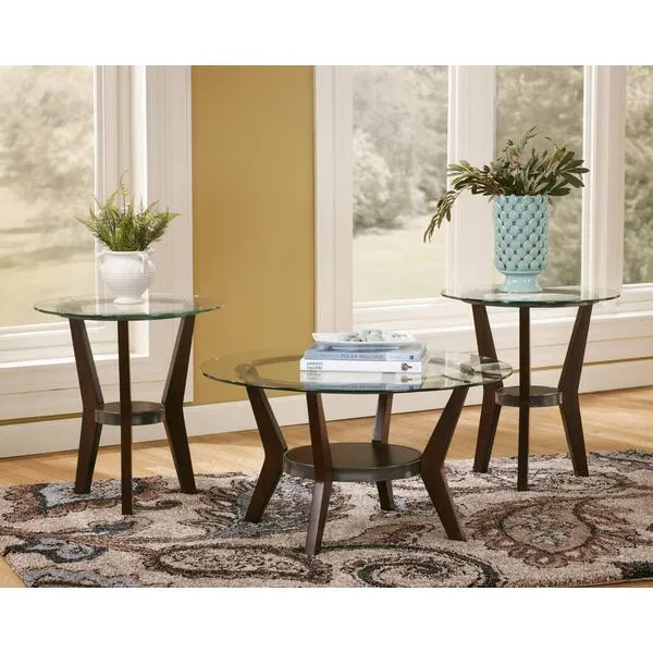Signature Design by Ashley Fantell 3-Piece Table Set, Includes 1 Coffee Table and 2 End Tables with Glass Top and Fixed Shelf, Dark Brown