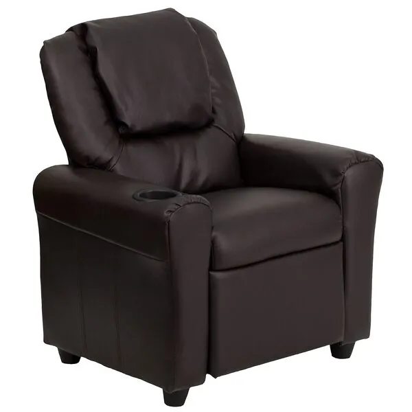 Flash Furniture Vana LeatherSoft Kids Recliner with Cup Holder, Headrest, and Safety Recline, Contemporary Reclining Chair for Kids, Supports up to 90 lbs., Brown