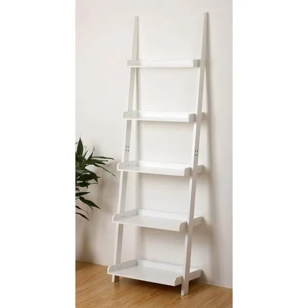 eHemco Modern 5 Tier Leaning Wall Ladder Bookshelf Organizer, Storage Rack, 70 Inches, White