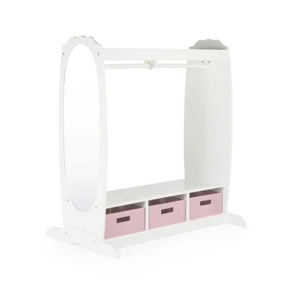 Guidecraft Dress Up Storage – White: Dramatic Play Costume Rack with Mirror and Tray for Toddlers - Kids Armoire, Dresser with Fabric Storage Bins