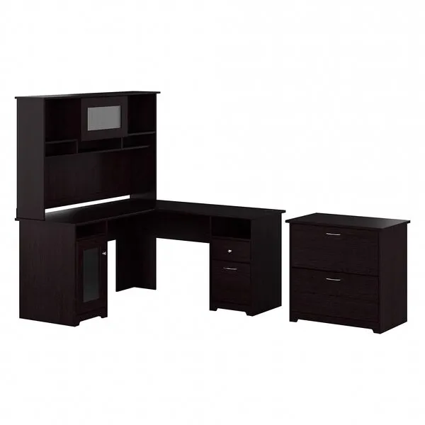 Bush Furniture Cabot 60W L Shaped Computer Desk with Hutch and Lateral File Cabinet in Espresso Oak