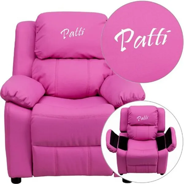 Flash Furniture Hot Pink Vinyl BT-7985-KID-HOT-PINK-EMB-GG: Personalized Deluxe Padded Kids Recliner with Storage Arms