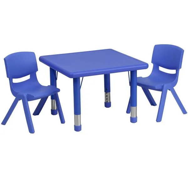 Flash Furniture 24'' Square Blue Plastic Height Adjustable Activity Table Set with 2 Chairs