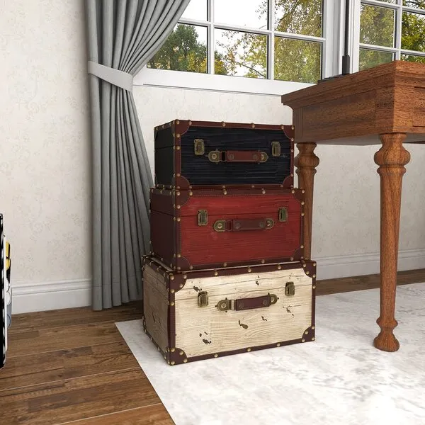Deco 79 Farmhouse Wood Trunk, 3 PIECES SMALL SIZE, Multi Colored