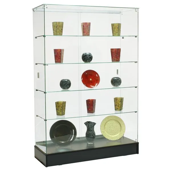 Displays2go Glass Cabinet with 4 Fixed-Height Glass Shelves, Lockable Sliding Door, 48 x 72 Inch Frameless Display Case for Clear Viewing - Black, Particle Board Base