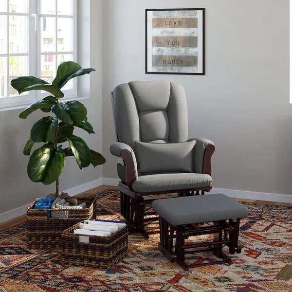 Storkcraft Tuscany Custom Glider and Ottoman with Free Lumbar Pillow (Espresso/Grey) - Cleanable Upholstered Comfort Rocking Nursery Chair with Ottoman