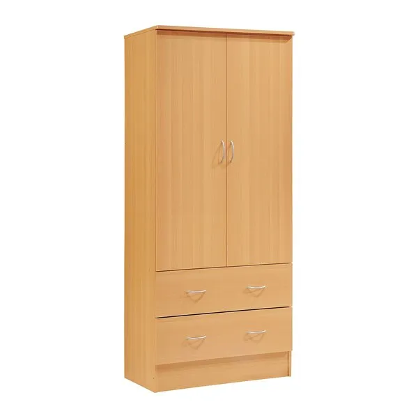HODEDAH 2 Door Wood Wardrobe Bedroom Closet with Clothing Rod inside Cabinet and 2 Drawers for Storage, Beech