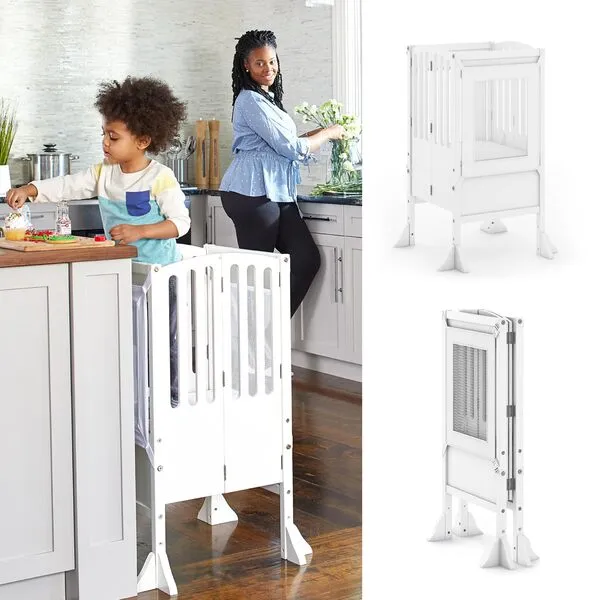 Guidecraft Kitchen Helper® Toddler Tower Step Stool - Contemporary - White: Folding Adjustable Height Montessori Wooden Learning Furniture with Keepers