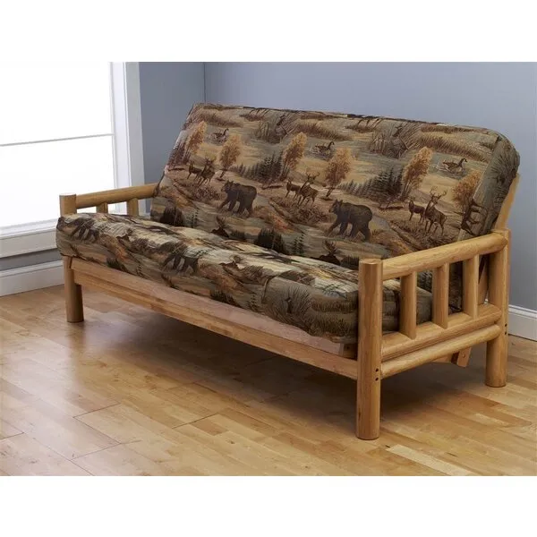 Futon Frame and Full Size Mattress Set. This Rustic Log Frame Sofa Set Easily Converts to Full-size Bed. Nice. The Wildlife Upholstery Is Great in Hunting Cabin, Cottage or Log Home. 8 Thick Sleeper P