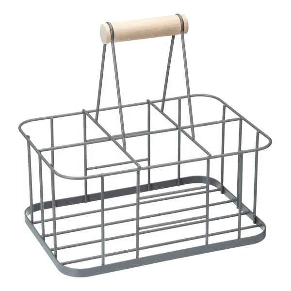 Kitchen Craft Living Nostalgia Milk Bottle Holder Doorstep, Milk Crate, Wire Metal with Wooden Handle, 29 x 20 x 13cm, Grey