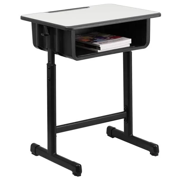 Flash Furniture Billie Open Front Student Desk for Classrooms or Remote Learning, Height Adjustable School Desk with Book Box and Bag Hooks, Black/Gray