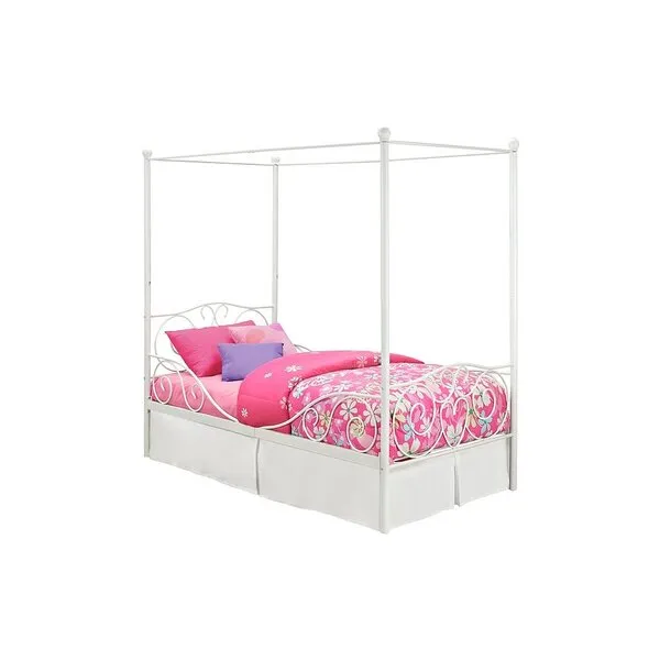 DHP Metal Canopy Kids Platform Bed with Four Poster Design, Scrollwork Headboard and Footboard, Underbed Storage Space, No Box Sring Needed, Twin, White