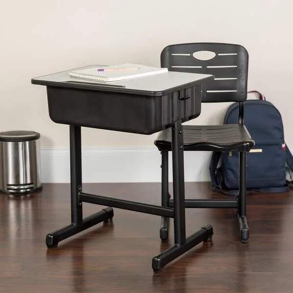Flash Furniture Adjustable Height Student Desk and Chair Set for Classrooms or Remote Learning, School Desk with Chair and Book Box, Gray/Black