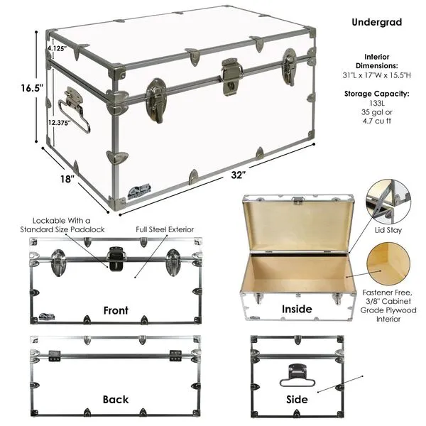 C&N Footlockers - Large Undergrad Storage Trunk - Made in the USA - Only STEEL Footlocker on Amazon - Durable Chest with Lid Stay - 32 x 18 x 16.5 Inches (Black)