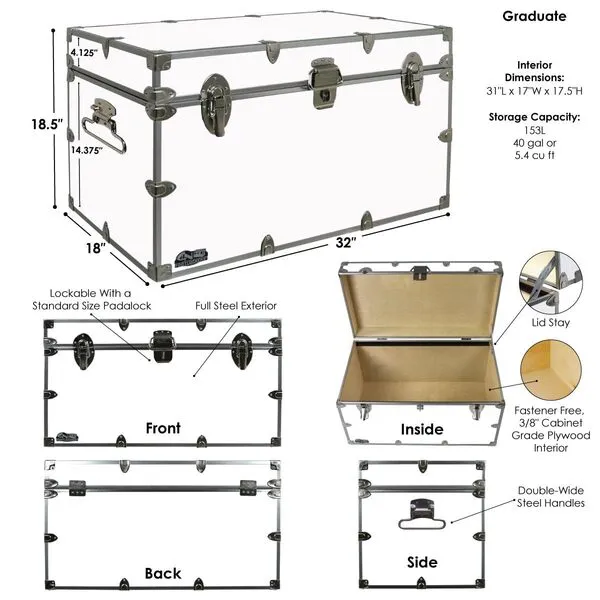 C&N Footlockers - XL Graduate Storage Trunk - Made in the USA - STEEL Footlocker for College Dorm Room & Summer Camp - 32 x 18 x 18.5 Inches (Navy)