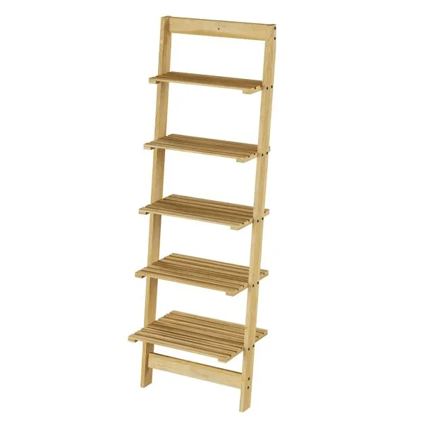 5-Tier Ladder Shelf - Wooden Narrow Leaning Bookshelf for Bedroom, Living Room, Bathroom, Kitchen, or Office Shelving - Furniture by Lavish Home (Oak)