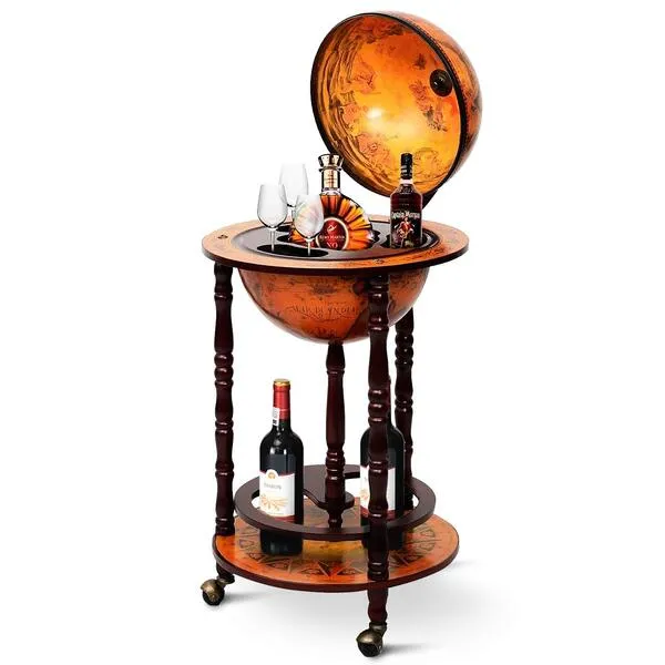 Goplus Globe Bar, 17.5” Globe Bar Liquor Cabinet with Wheels, Bottom Shelf, Old World Map, 16th Century Italian Replica Bar Globe, Retro Wine Stand, Globe Bar Cart for Dining Room Living Room Home