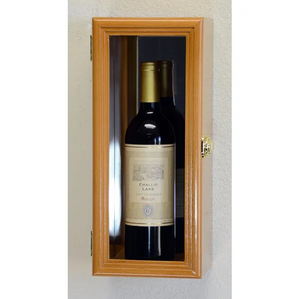Single Wine Bottle Wall Display Case Cabinet Holder with Mirror Back Holds Bordeux Cabernet Burgundy Pinot Champagne Magnum Bottles (Oak Finish)