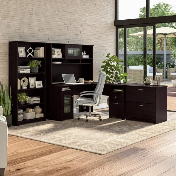 Bush Furniture L Shaped Desk with Hutch, 5 Shelf Bookcase and Lateral File Cabinet | Cabot Collection Corner Computer Table with Storage and Bookshelf | 60Wx23DX37W
