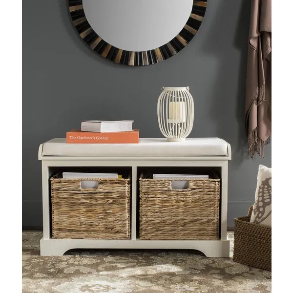 SAFAVIEH Home Collection Freddy Vintage White/ Wicker Basket 2-Drawer Storage Bench with Cushion (Fully Assembled)
