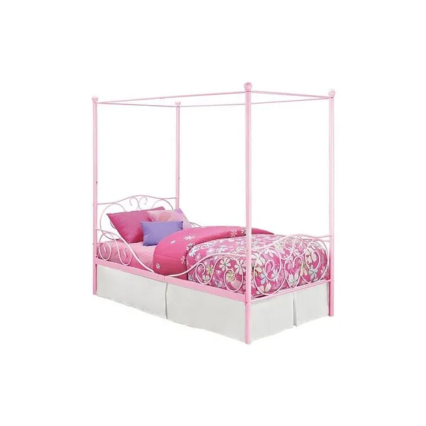 DHP Metal Canopy Kids Platform Bed with Four Poster Design, Underbed Storage Space, No Box Sring Needed, Twin, Pink