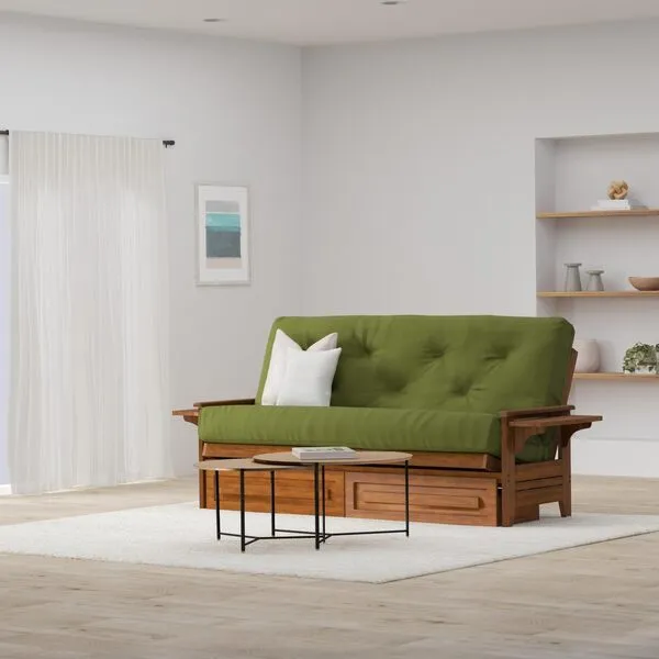 Brentwood Tray Arm Queen Size Wood Futon Frame and Storage Drawers - Heritage Finish
