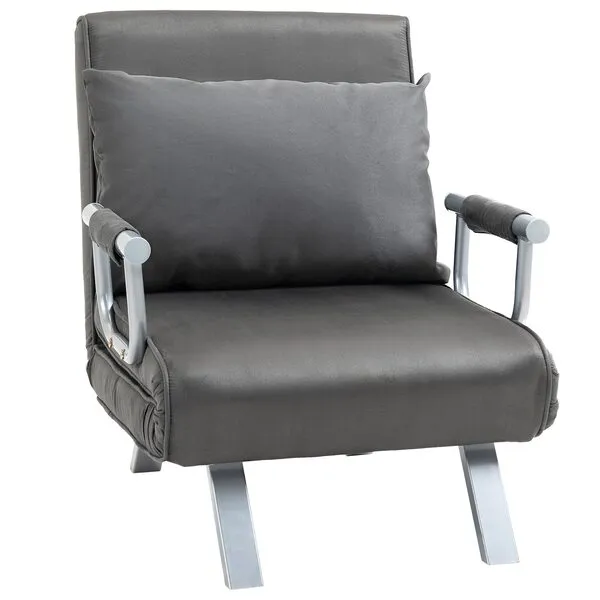 HOMCOM Single Person Folding 5 Position Convertible Sofa Bed Sleeper Chair Chaise Lounge Couch w/Pillow & Steel Frame, Dark Grey