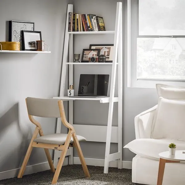Haotian SoBuy Ladder Shelf Desk, Bookcase, Book Shelf, Leaning Desk with Shelves, Wall Shelf, White FRG60-W