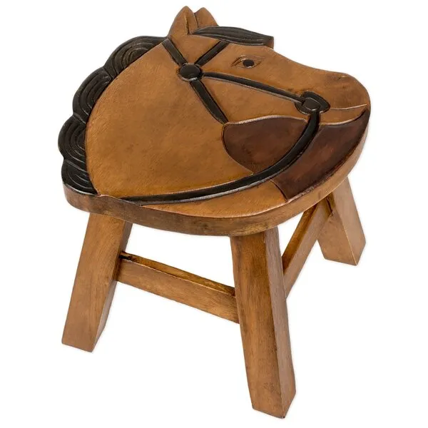 Sea Island Imports Horse Design Hand Carved Acacia Hardwood Decorative Short Stool