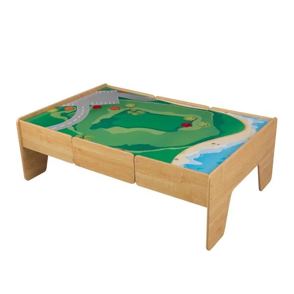 KidKraft Double-Sided Wooden Train and Activity Table with Built-in Storage Drawer, Natural, Gift for Ages 3+
