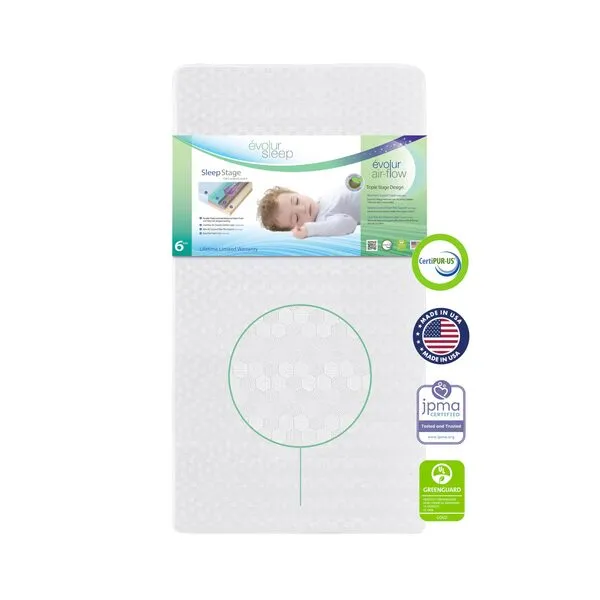 Evolur Sleep Triple Stage Crib Mattress Air Flow with Natural Fiber, Greenguard Gold Certified